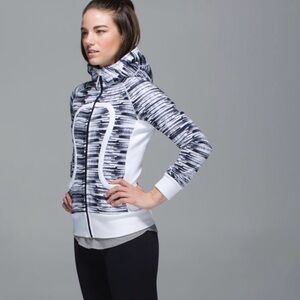 Lululemon Women's 8 Full Zip Scuba Hoodie II Scratch Match Horizontal White/Blue